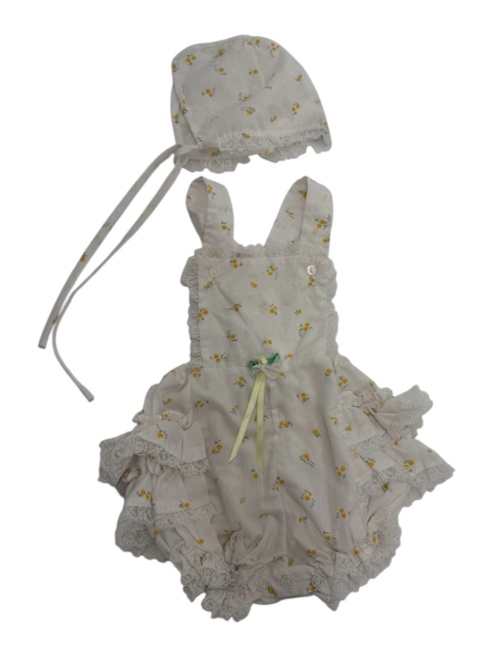 Vintage Baby Girl Yellow Floral Ruffle Romper with Matching Bonnet